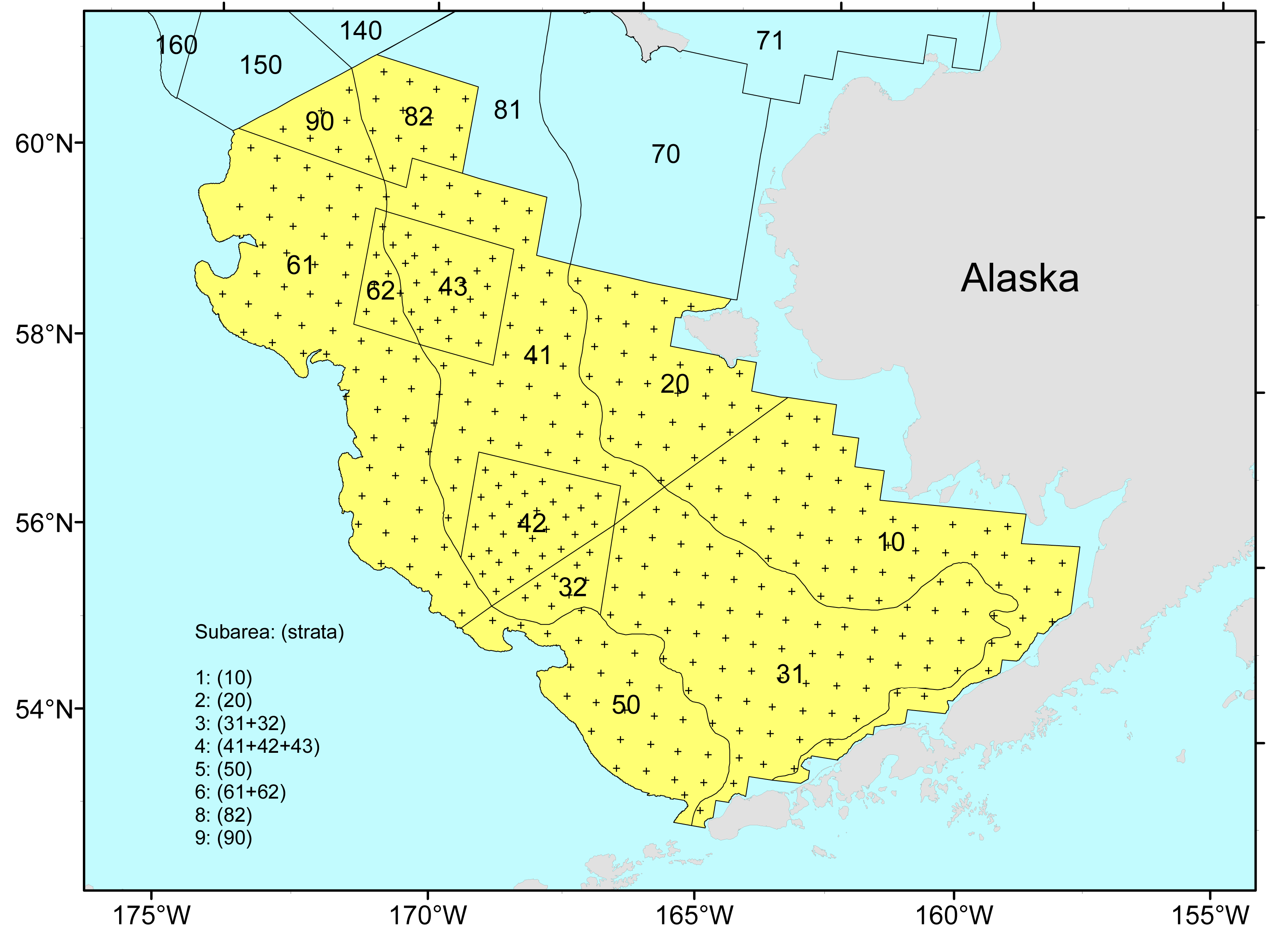 Easter Bering Sea stratum map showing strata 10, 20, 31-32, 41-43, 50, 61-62m 82, and 90.