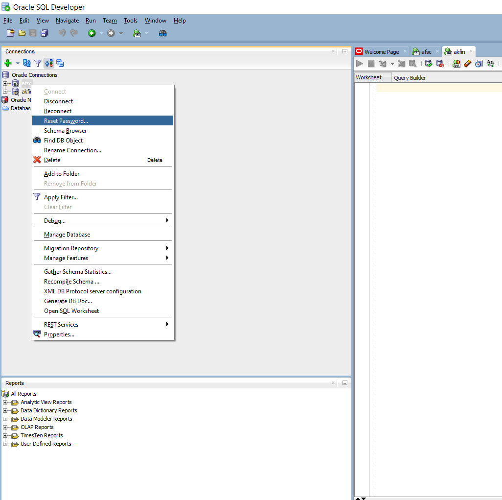 Screenshot of using SQL Developer to reset a password for the AFSC server.